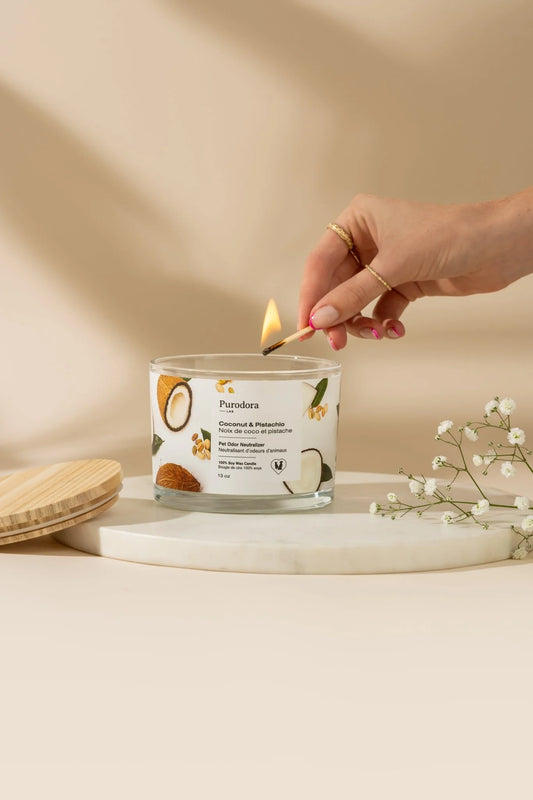 Bougie de cire 100% soya et neutralisant d’odeurs d’animaux – Noix de coco et pistache - Purodora