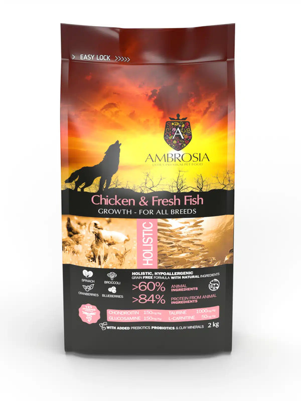 Nourriture Sèche pour Chiot - Poulet et Poisson Frais 6kg - Sans grains - Ambrosia