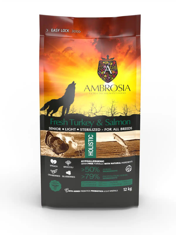 Nourriture sèche pour Chien - Dinde fraîche et saumon 12kg - Sans grains - Ambrosia
