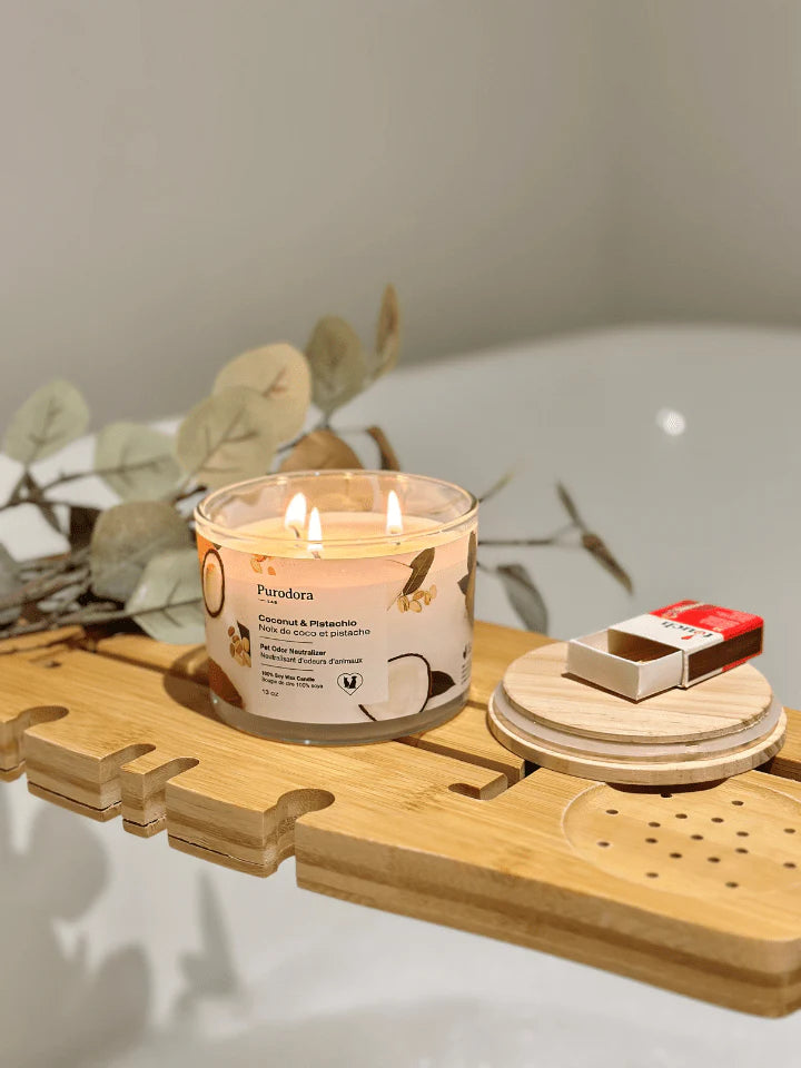 Bougie de cire 100% soya et neutralisant d’odeurs d’animaux – Noix de coco et pistache - Purodora