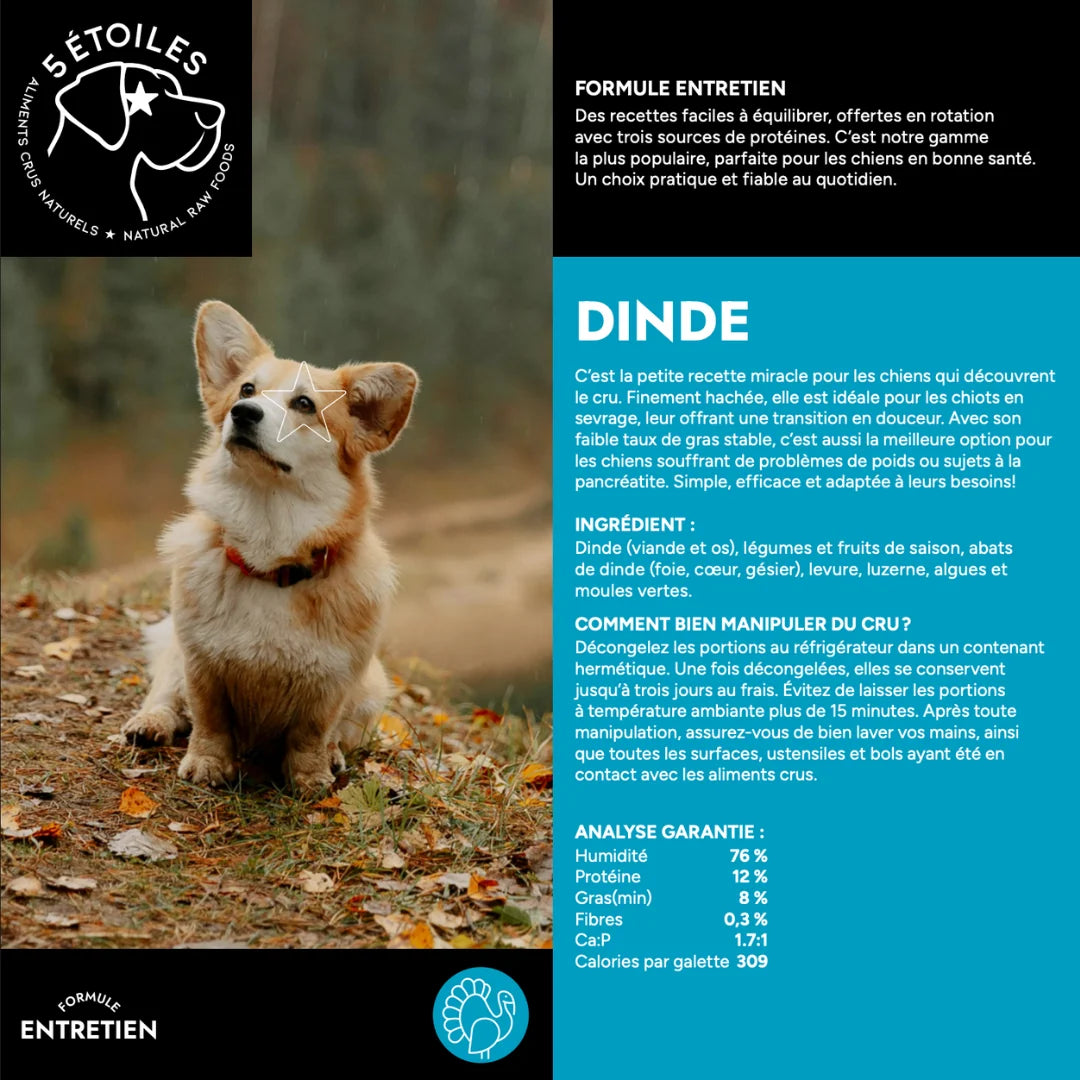 Nourriture Crue pour Chien - Formule Entretien Dinde 10 lbs - Aliments 5 Étoiles