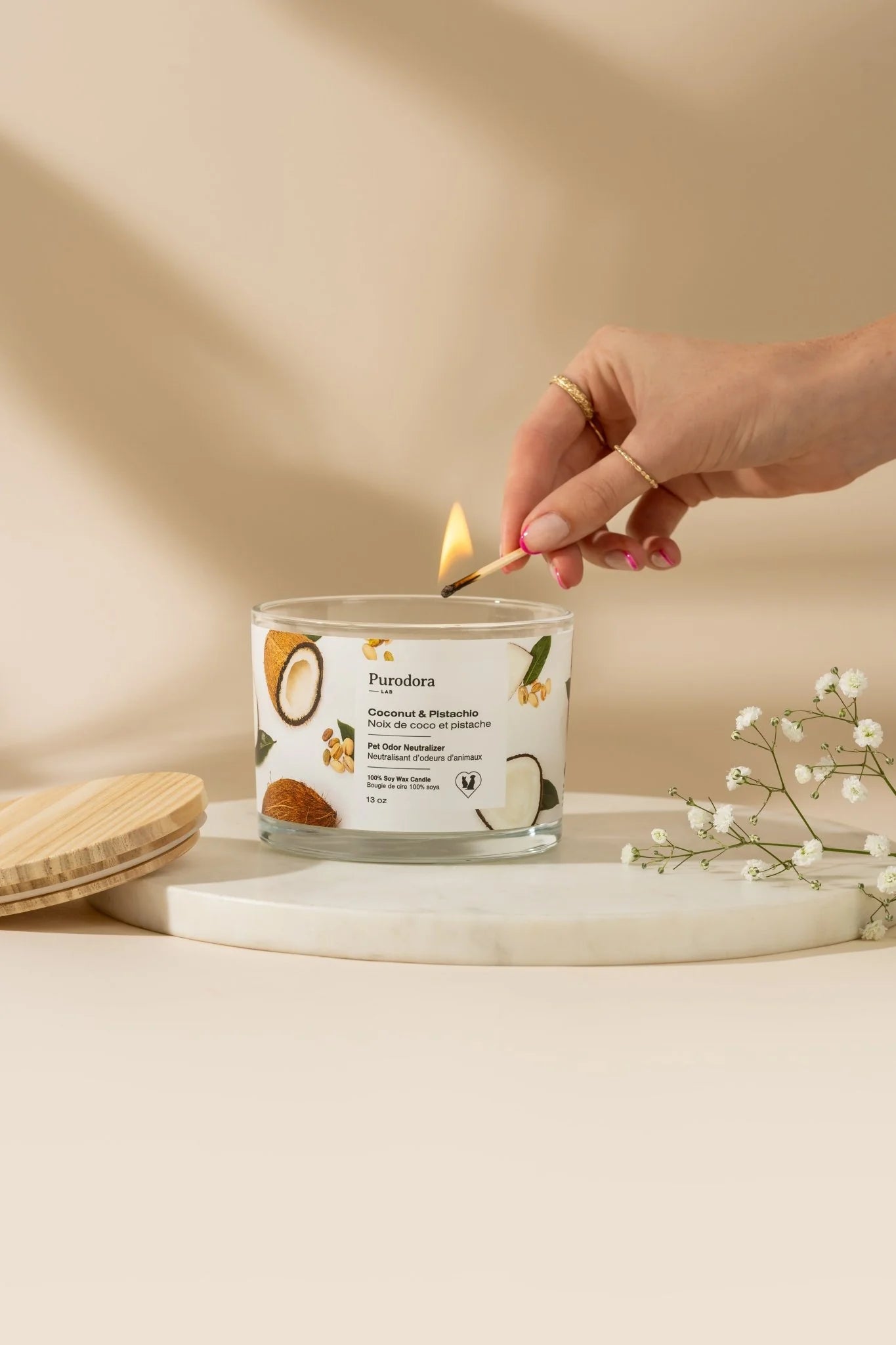 Bougie de cire 100% soya et neutralisant d’odeurs d’animaux – Noix de coco et pistache - Purodora