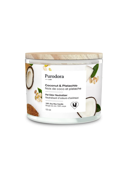 Bougie de cire 100% soya et neutralisant d’odeurs d’animaux – Noix de coco et pistache - Purodora