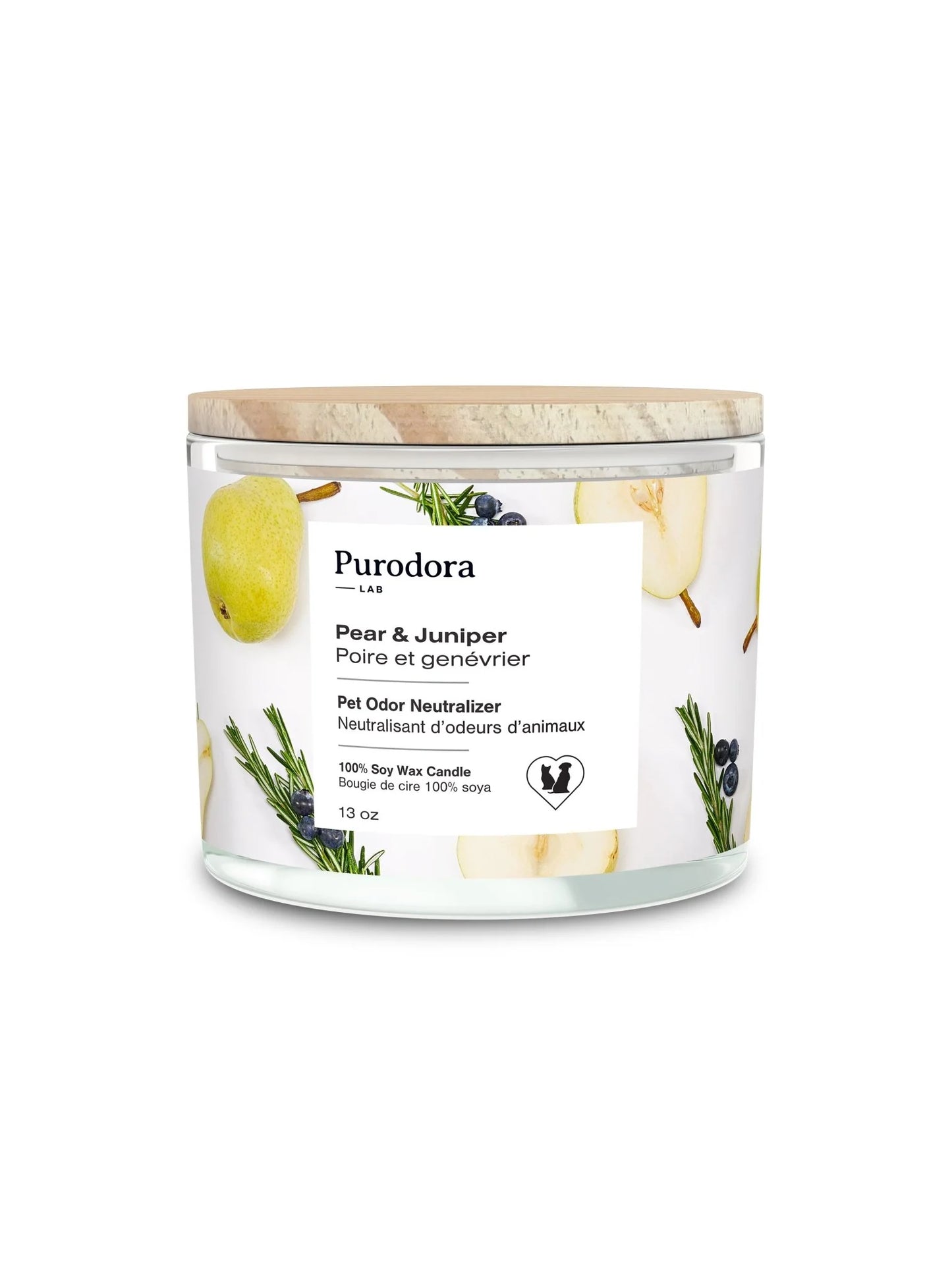Bougie de cire 100% soya et neutralisant d’odeurs d’animaux – Bougie de cire 100% soya et neutralisant d’odeurs d’animaux – Poire & Genévrier - Purodora