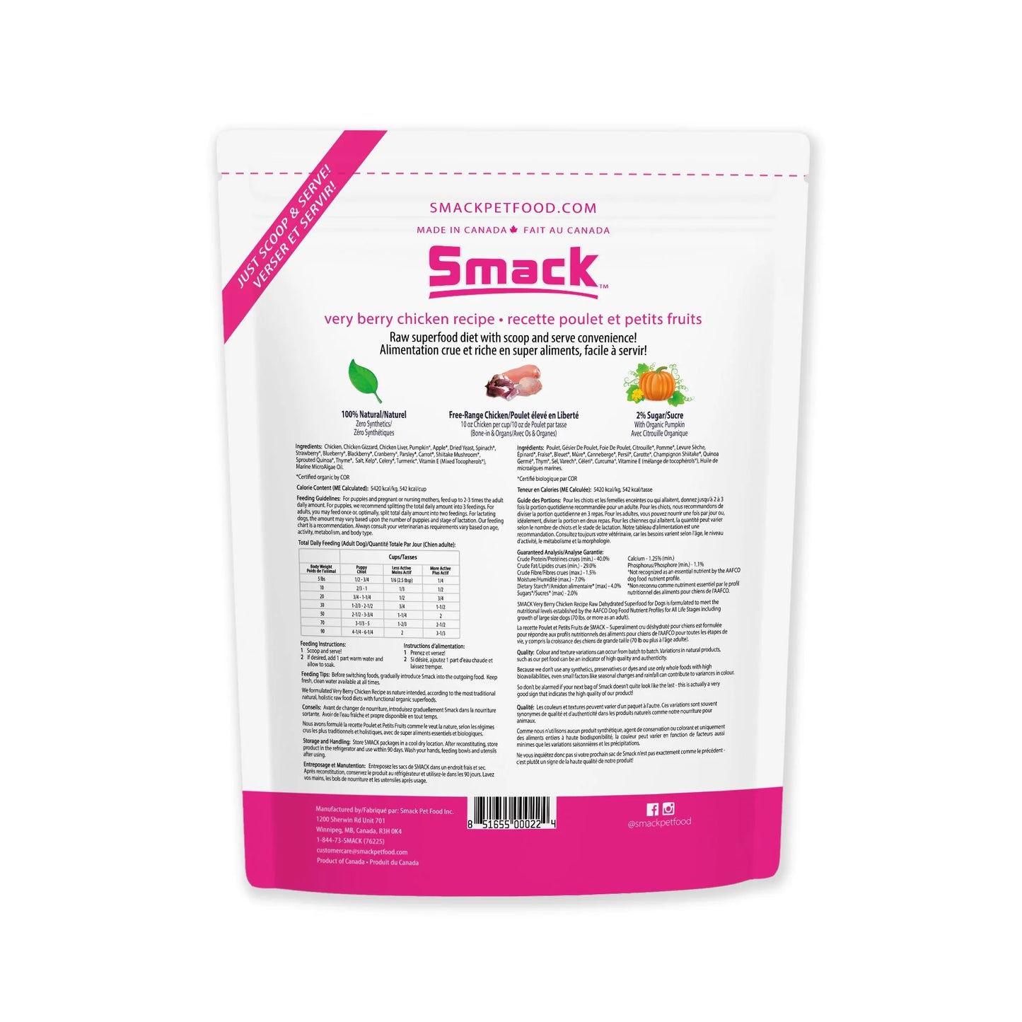 Nourriture pour Chien Déshydratée - Smack - Poulet et Petits Fruits